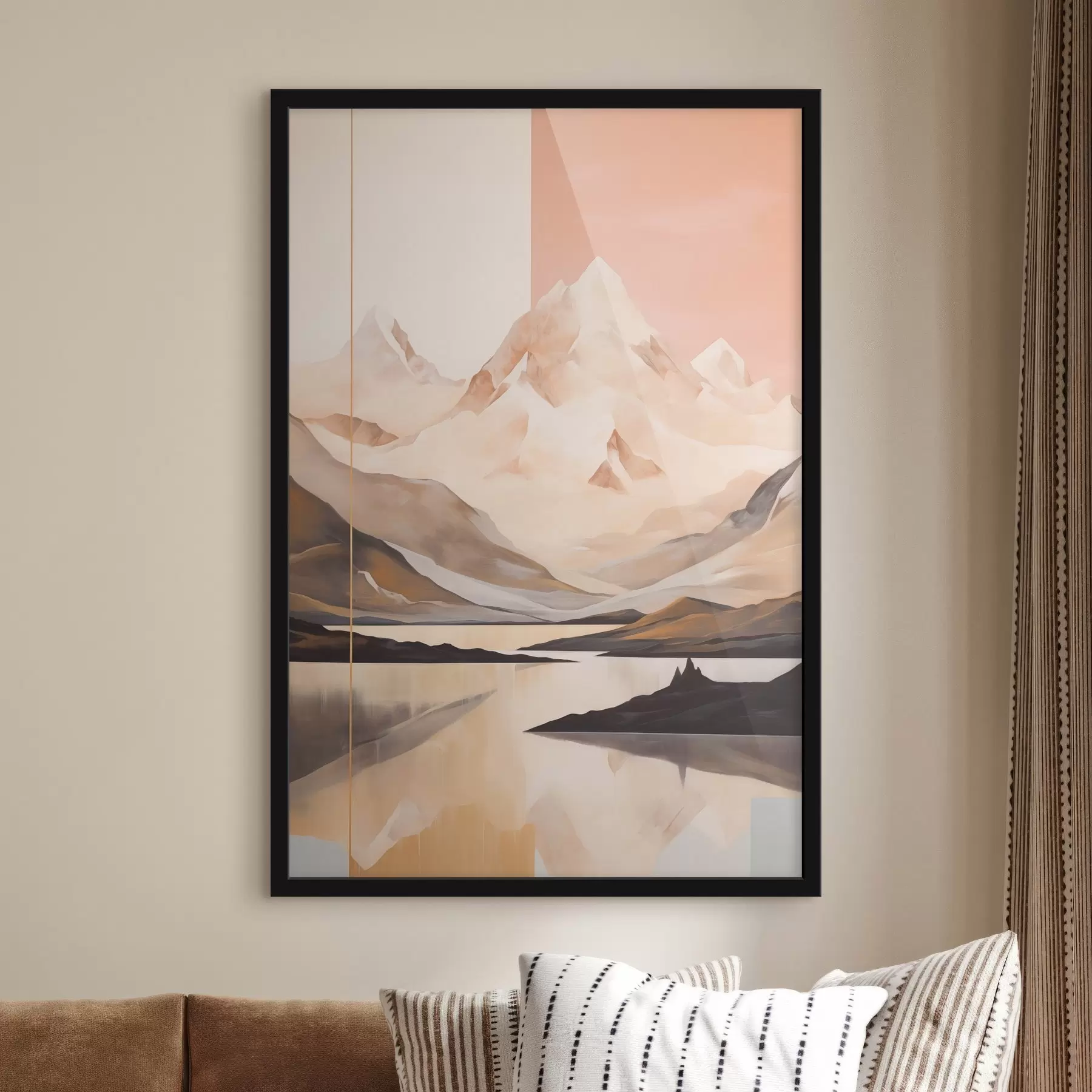 Papier peint photo Paysage abstrait avec des montagnes et un lac, couleurs pastel, style minimaliste f45949