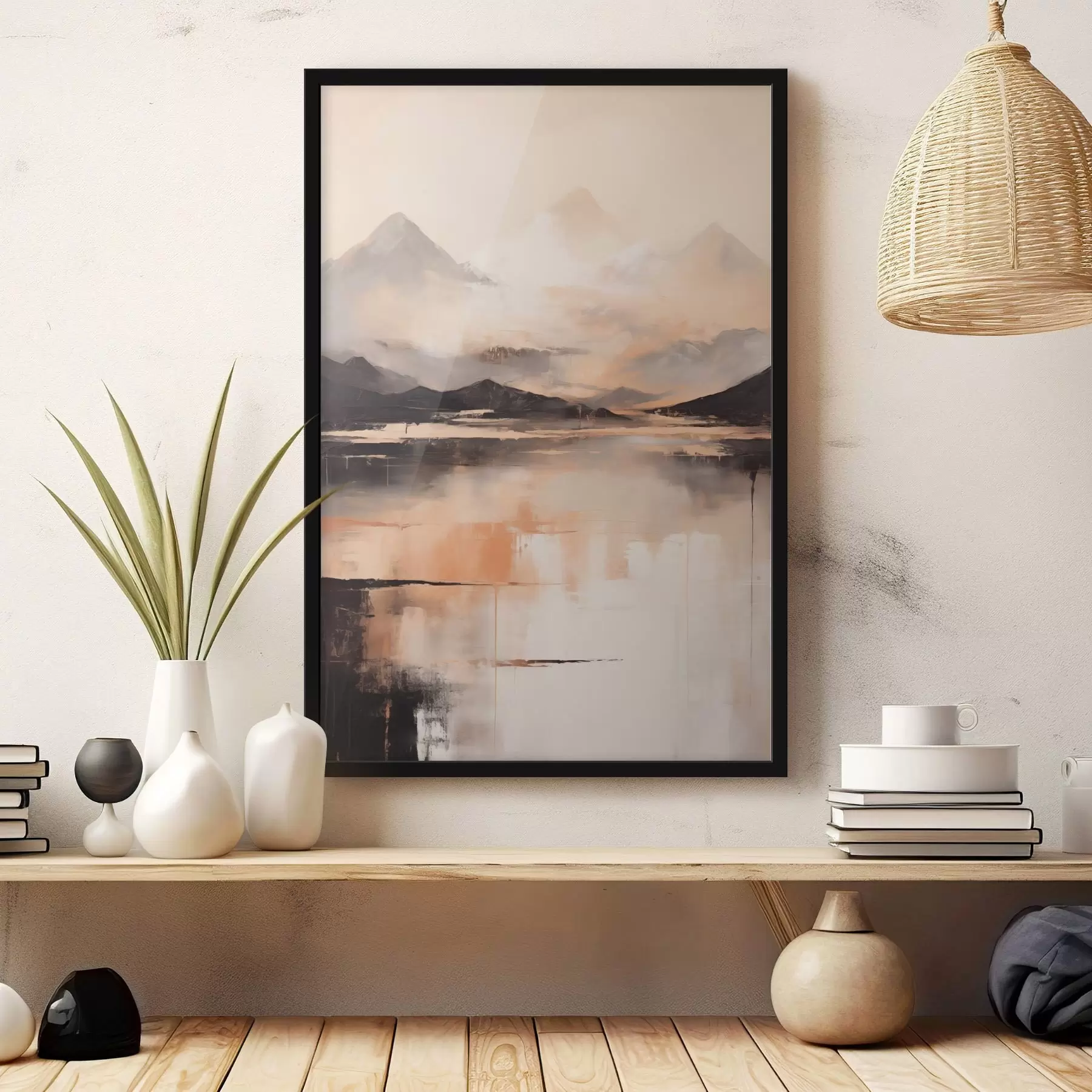 Fotobehang Een landschapsschilderij met textuur dat bergen en een meer imiteert f45950