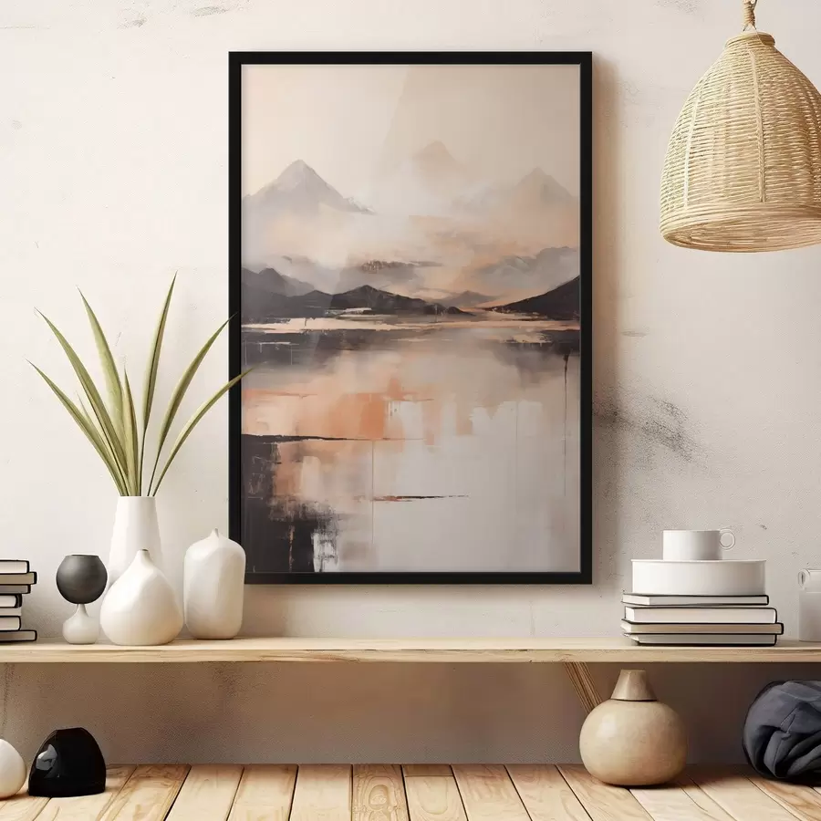 Papier peint photo Une peinture imitant un paysage texturé représentant des montagnes et un lac f45950