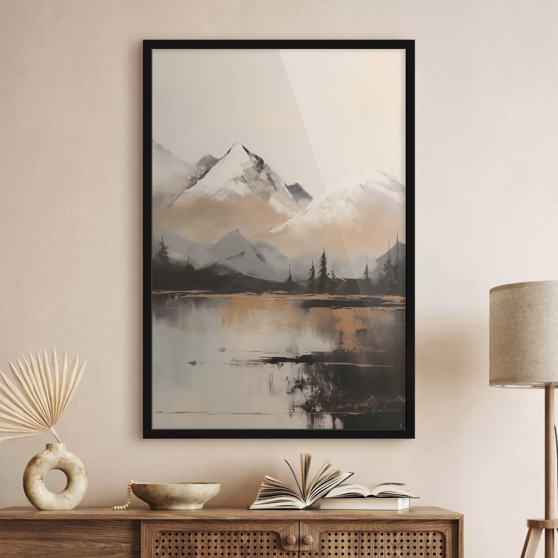 Papier peint photo Montagnes enneigées avec quelques arbres devant un lac f45951
