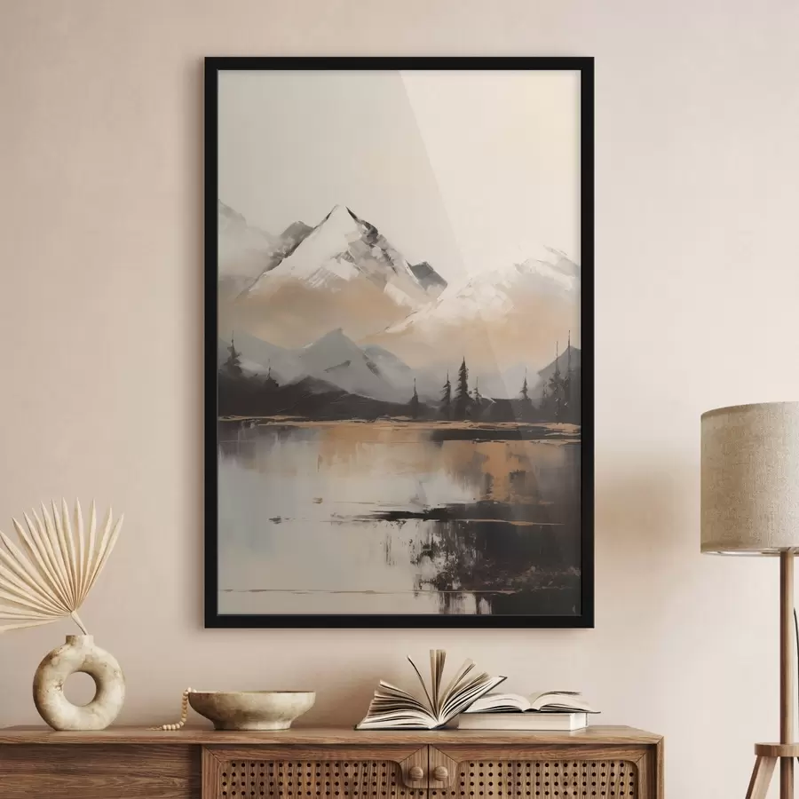 Papier peint photo Montagnes enneigées avec quelques arbres devant un lac f45951