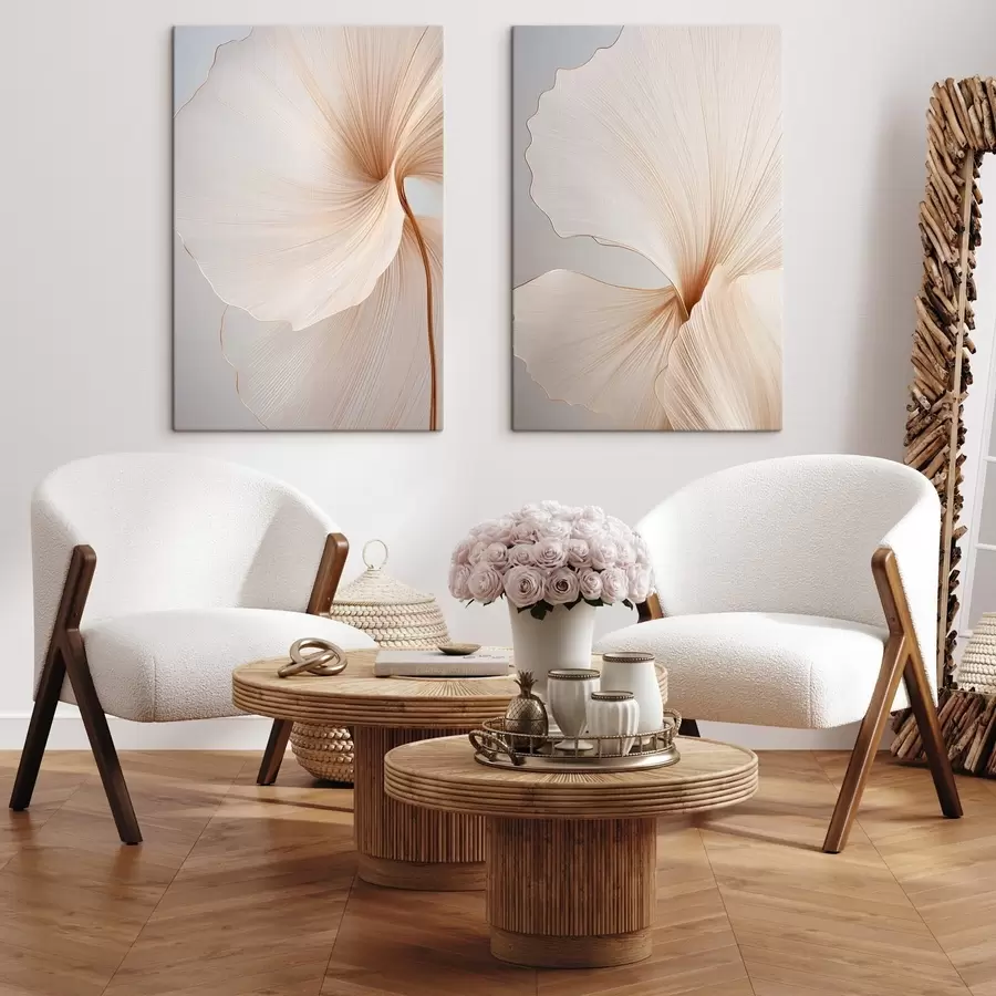  Peintures Fleurs abstraites aux pétales fins et délicats dans des tons de blanc et de beige m00817