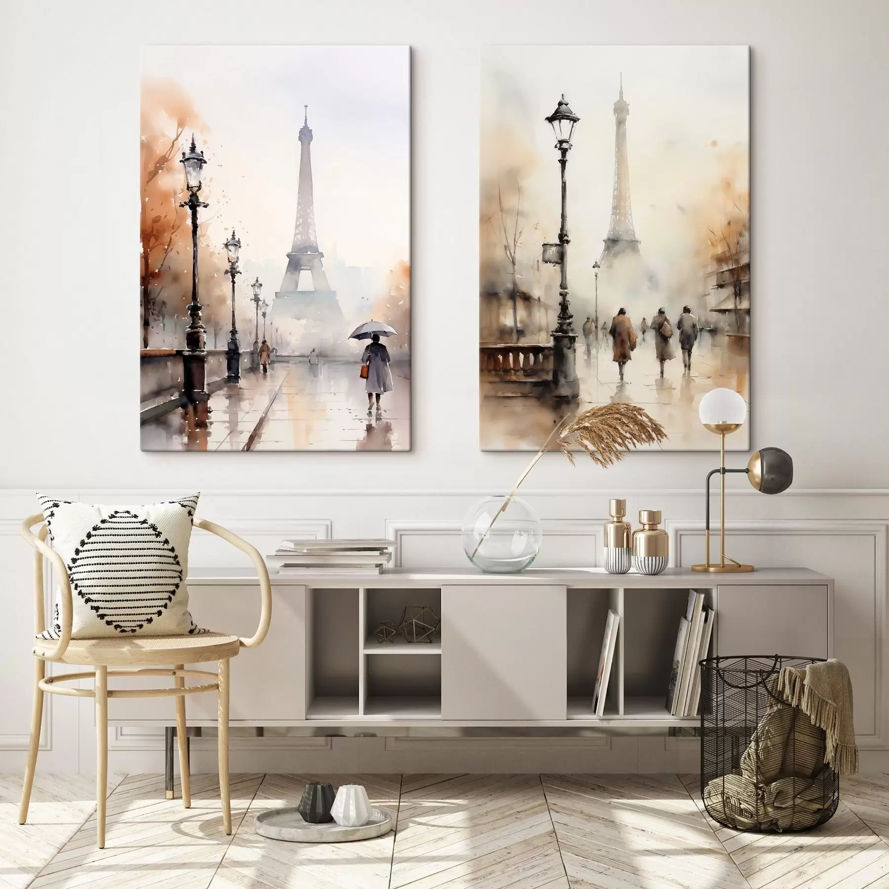  Peintures Une journée pluvieuse d'automne à Paris avec la Tour Eiffel en arrière-plan et des lampadaires vintage m00821