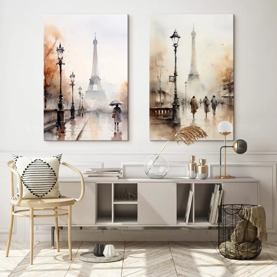  Peintures Une journée pluvieuse d'automne à Paris avec la Tour Eiffel en arrière-plan et des lampadaires vintage m00821