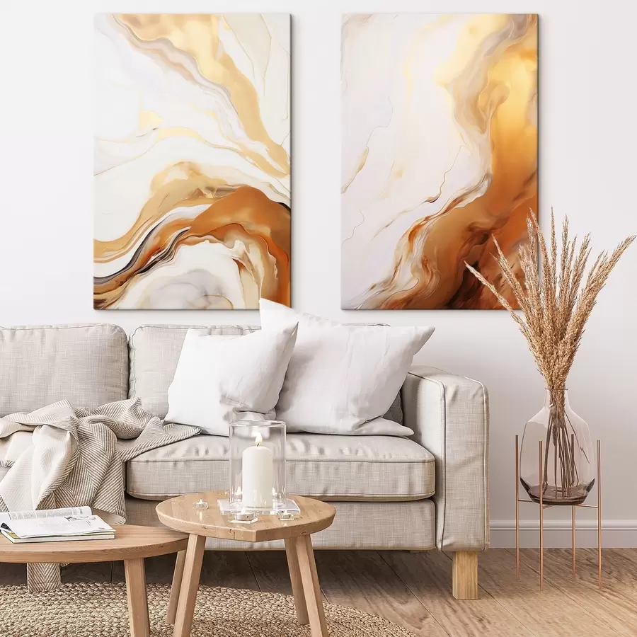  Schilderijen Abstracte schilderkunst imitatie met witte en oranje kleuren, vloeiende kunst met golvende lijnen, moderne kunst m00825