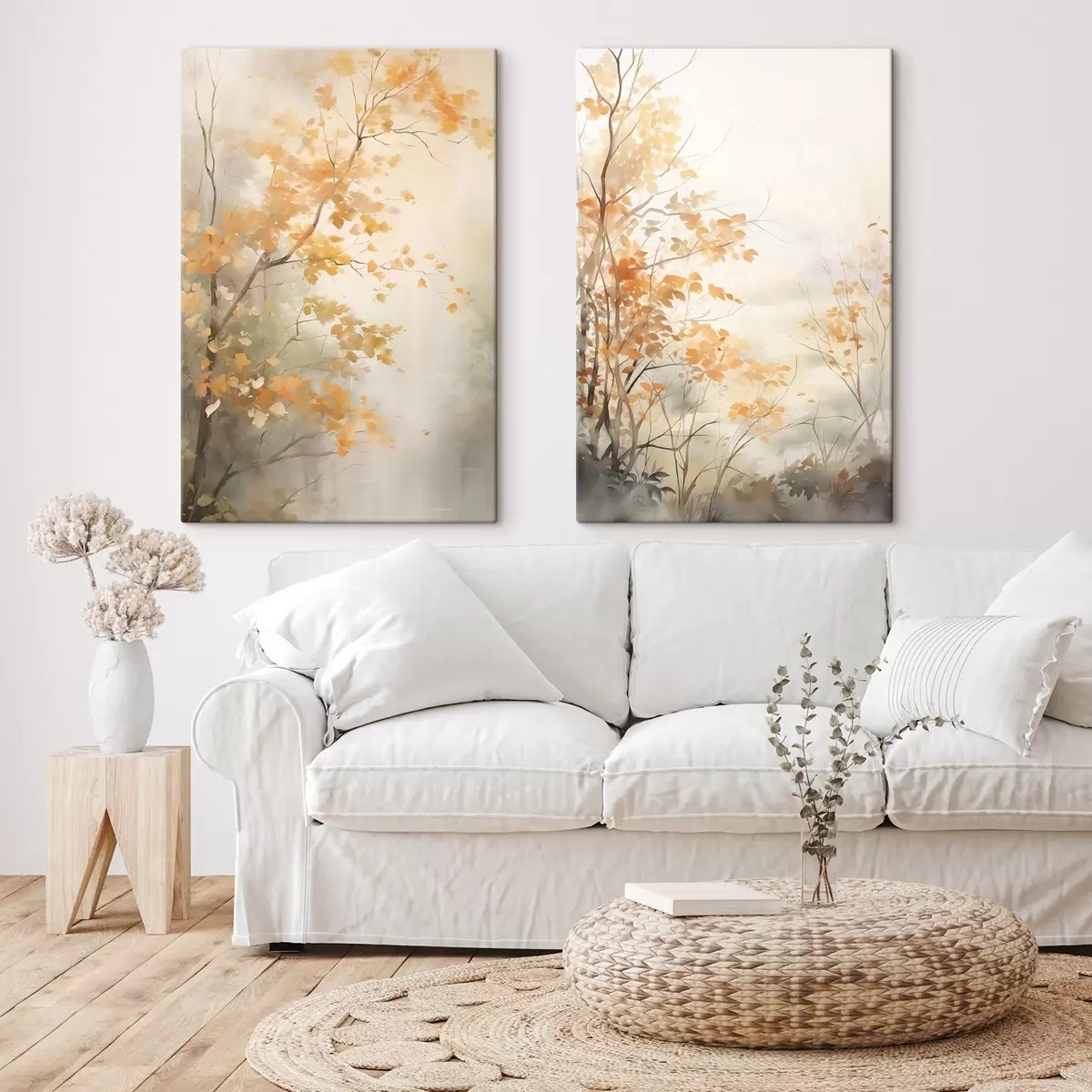  Peintures Arbres d'automne aux feuilles et branches orange, style aquarelle doux, coups de pinceau délicats m00826