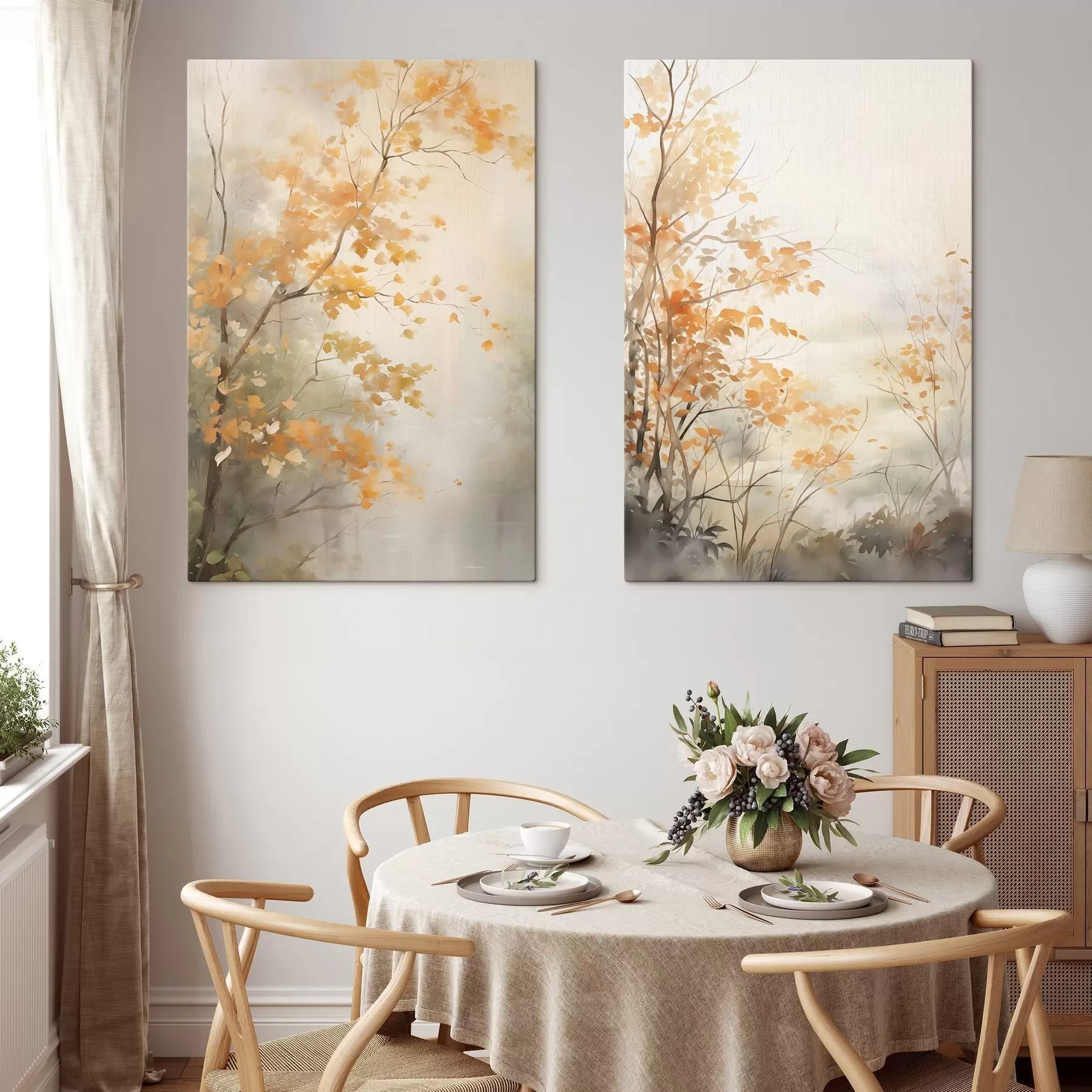  Schilderijen Herfstbomen met oranje bladeren en takken, zachte aquarelstijl, delicate penseelstreken m00826