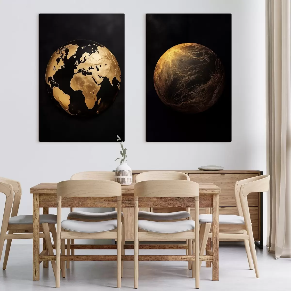  Schilderijen Geabstraheerde wereldbol en planeet met textuur op een zwarte achtergrond, moderne minimalistische kunst m00827