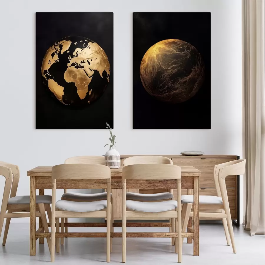  Peintures Globe terrestre et planète abstraits texturés sur fond noir, art minimaliste moderne m00827