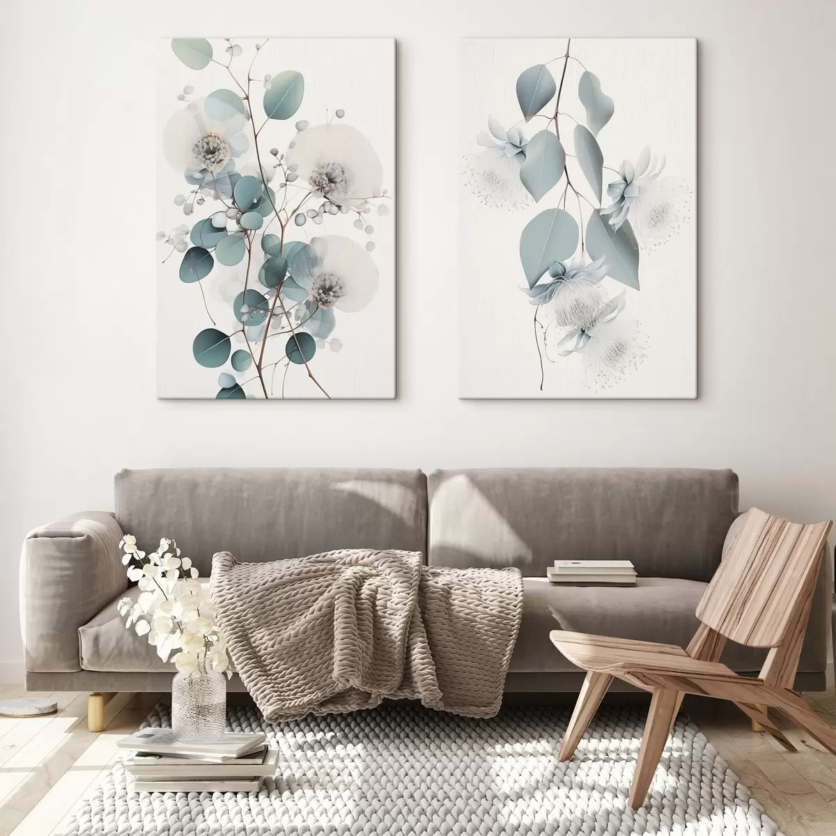  Peintures Branche d'eucalyptus avec des feuilles bleues et des fleurs blanches, fond clair m00829