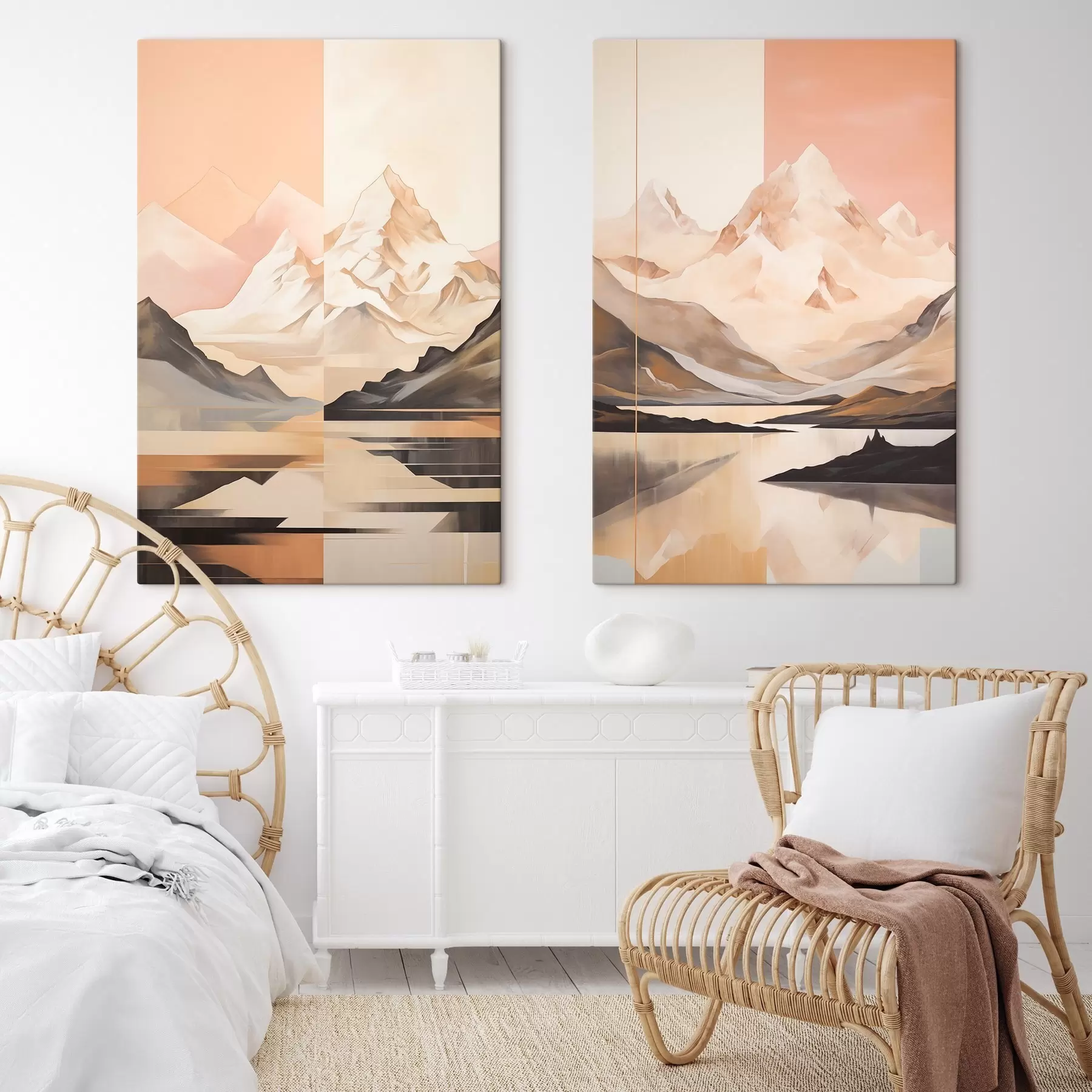  Schilderijen Abstract landschap met bergen en een meer, pastelkleuren, minimalistische stijl m00830