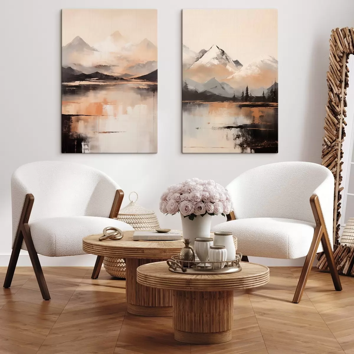  Peintures Une peinture imitant un paysage texturé représentant des montagnes et un lac m00831