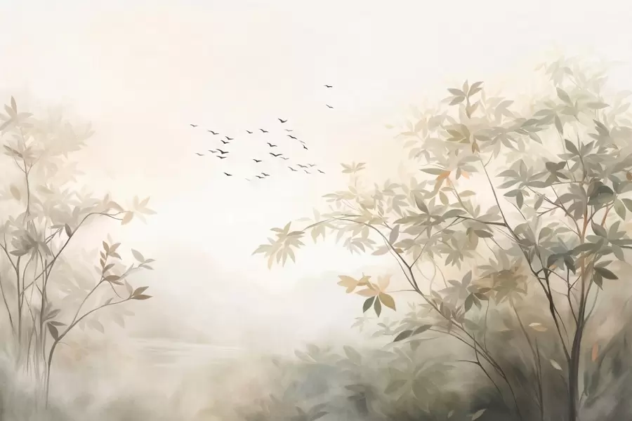Fotobehang Landschap met textuur, bomen en een zwerm vogels die door de lucht vliegen, pastelkleuren, natuurtafereel w09418