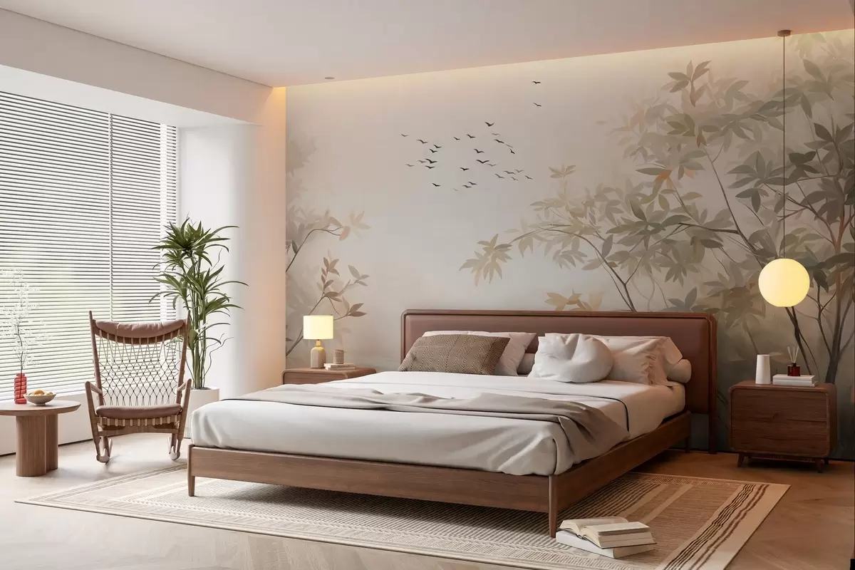 Fotobehang Landschap met textuur, bomen en een zwerm vogels die door de lucht vliegen, pastelkleuren, natuurtafereel w09418