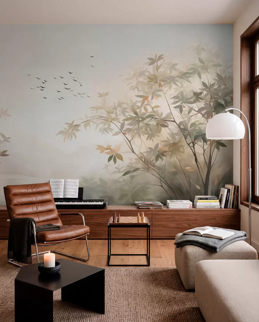 Fotobehang Landschap met textuur, bomen en een zwerm vogels die door de lucht vliegen, pastelkleuren, natuurtafereel w09418