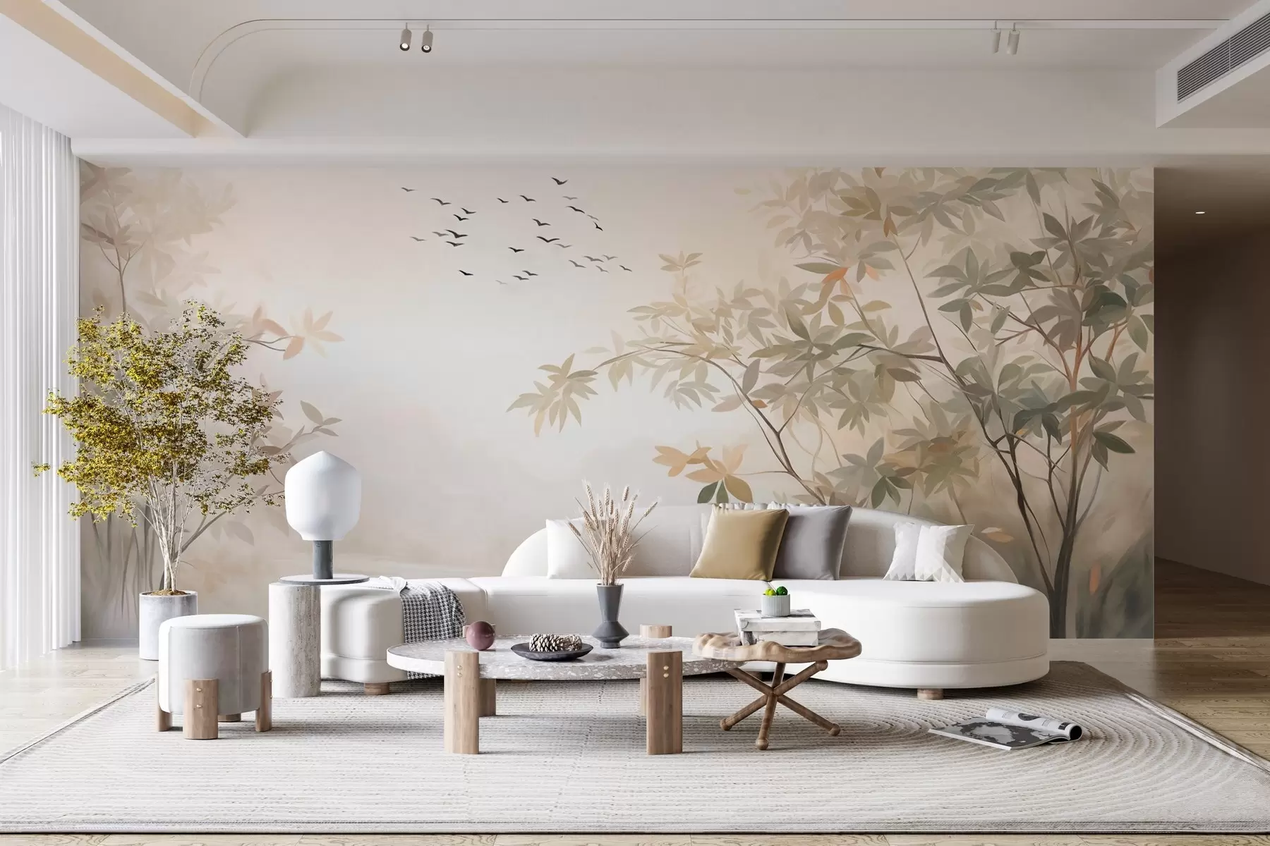 Fotobehang Landschap met textuur, bomen en een zwerm vogels die door de lucht vliegen, pastelkleuren, natuurtafereel w09418