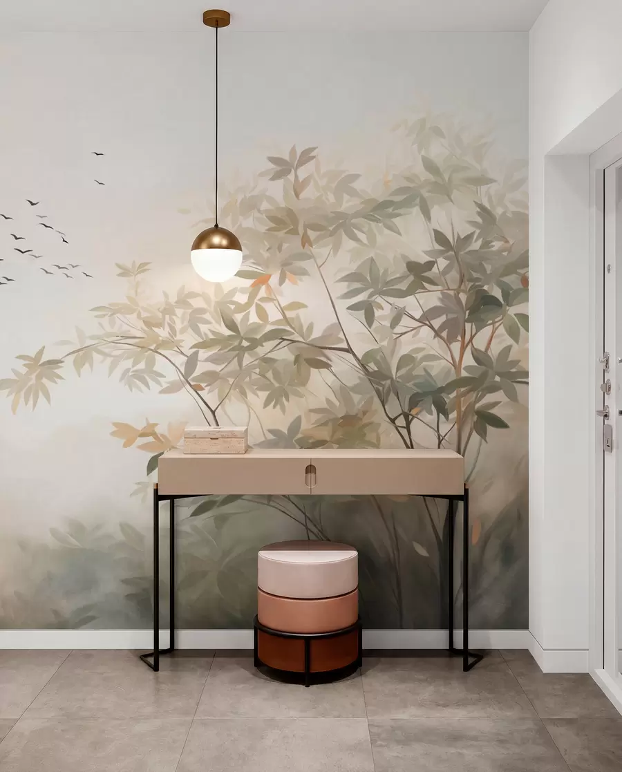 Fotobehang Landschap met textuur, bomen en een zwerm vogels die door de lucht vliegen, pastelkleuren, natuurtafereel w09418