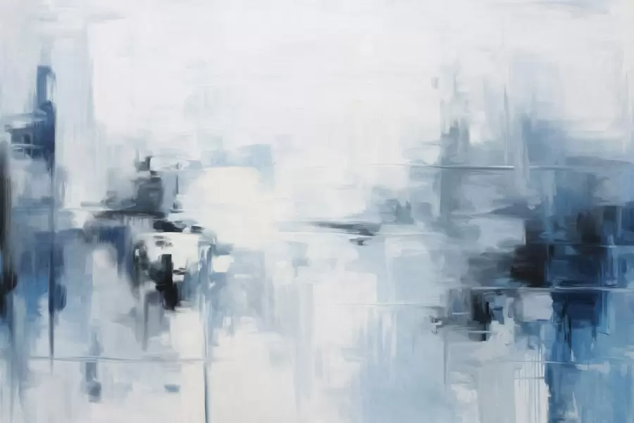 Papier peint photo Imitation de peinture abstraite texturée représentant un paysage, avec des coups de pinceau bleus et blancs, style moderne w09422