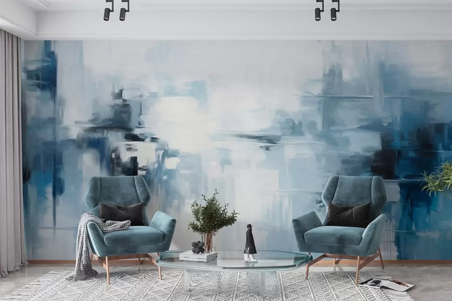 Fotobehang Abstracte imitatie van een landschapsschilderij met blauwe en witte penseelstreken, moderne stijl w09422