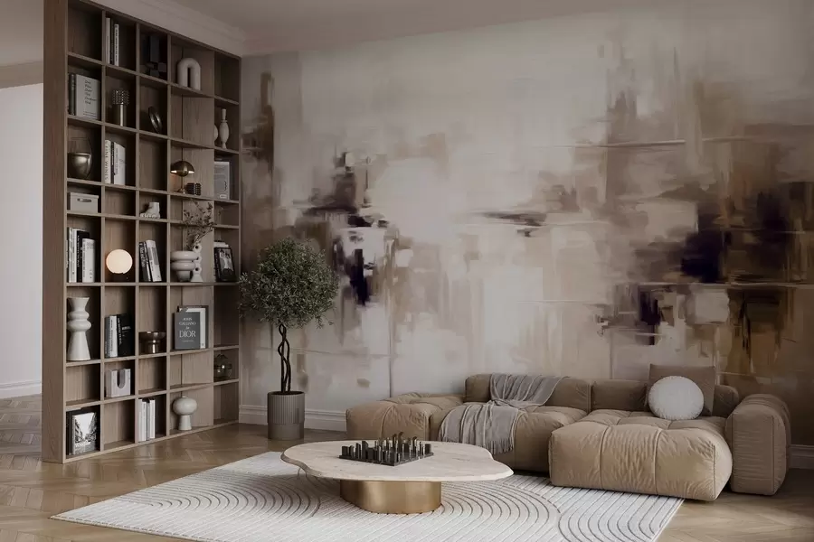 Fotobehang Abstracte imitatie van een landschapsschilderij met bruine en witte penseelstreken, moderne stijl w09422v1