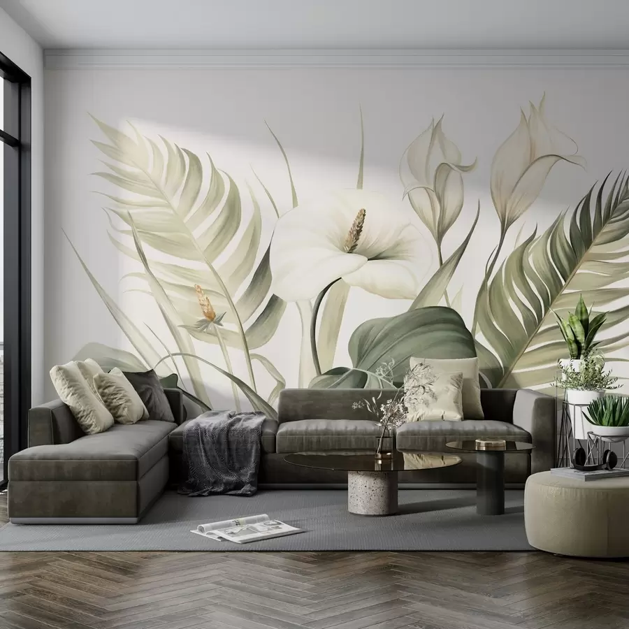 Papier peint photo Lys calla blancs et feuilles tropicales vertes, illustration botanique, fond clair, style vintage, texturé w09423