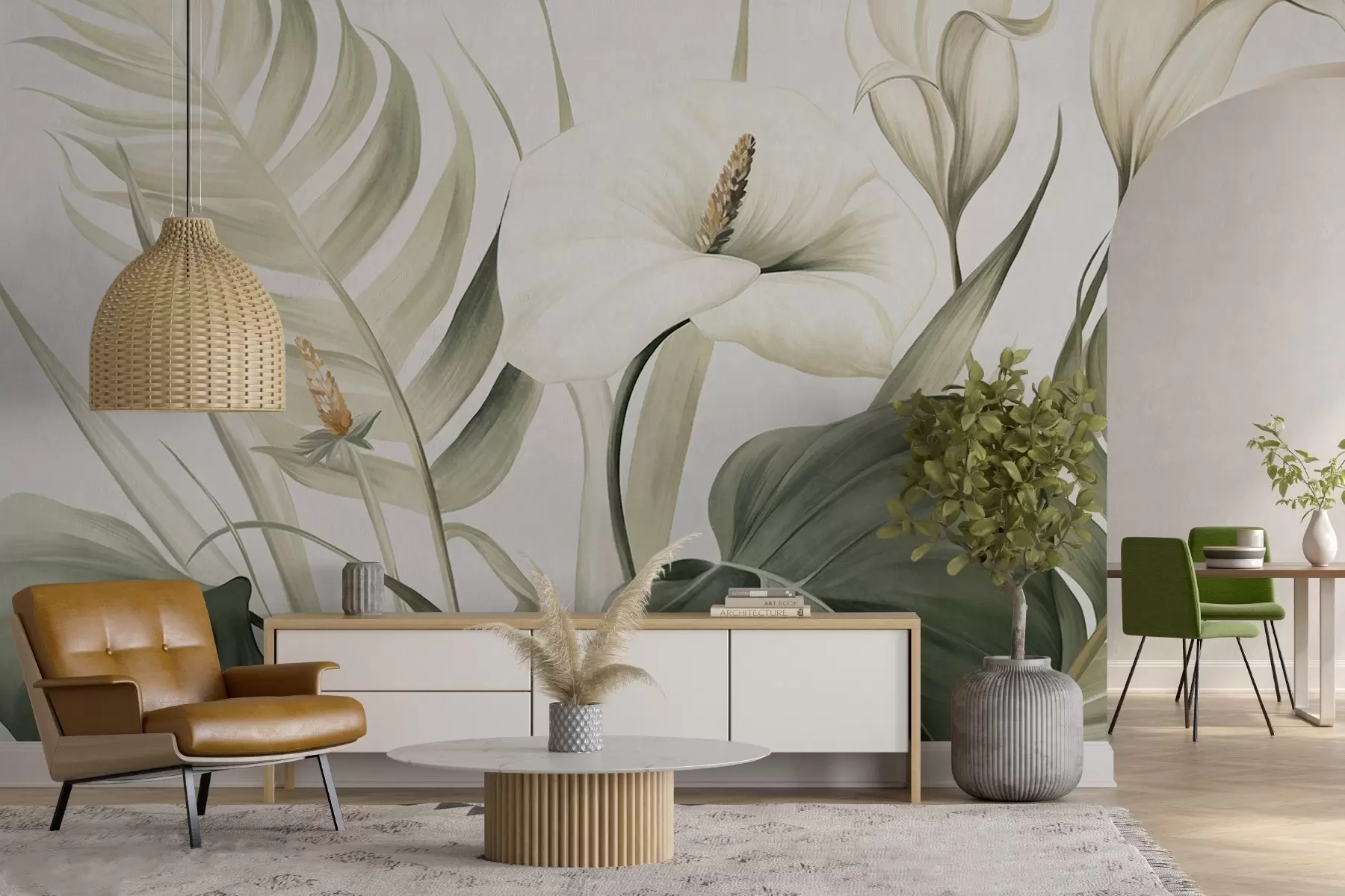 Fotobehang Witte calla lelies en groene tropische bladeren, botanische illustratie, lichte achtergrond, vintage stijl, textuur w09423