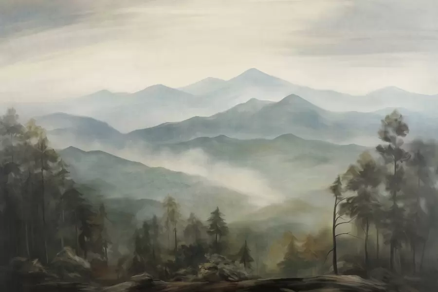 Papier peint photo Chaîne de montagnes brumeuse avec des arbres, du brouillard, un ciel nuageux, des couleurs sourdes, style peinture paysagère w09424