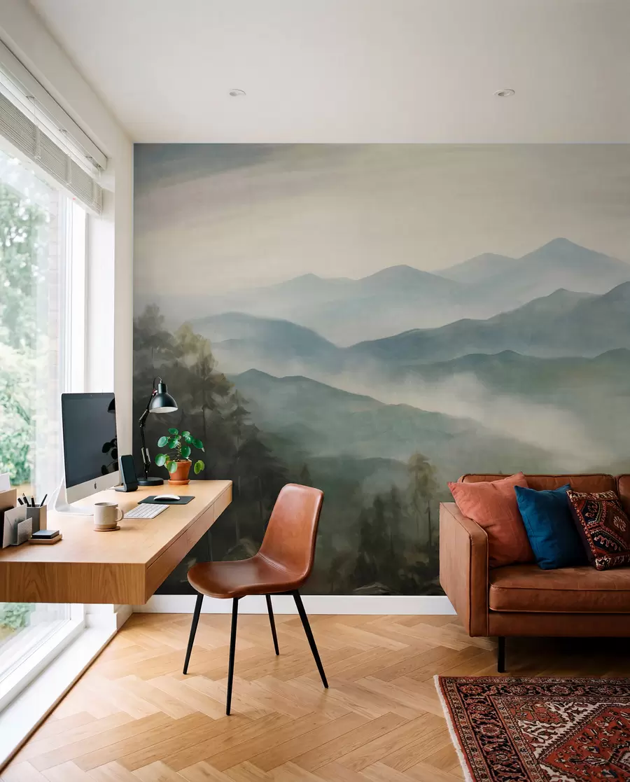 Fotobehang Mistige bergketen met bomen, mist, bewolkte lucht, gedempte kleuren, landschapsschilderstijl w09424