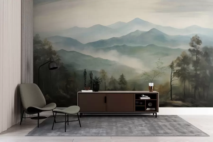 Fotobehang Mistige bergketen met bomen, mist, bewolkte lucht, gedempte kleuren, landschapsschilderstijl w09424