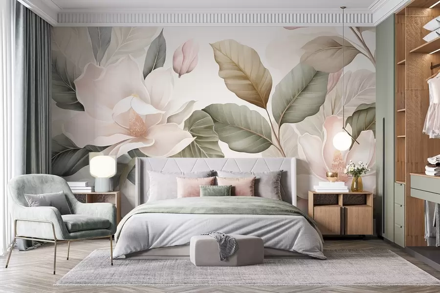 Papier peint photo Fleurs de magnolia avec des feuilles aux couleurs pastel, blanches, roses et vertes, douces, délicates, style aquarelle w09427