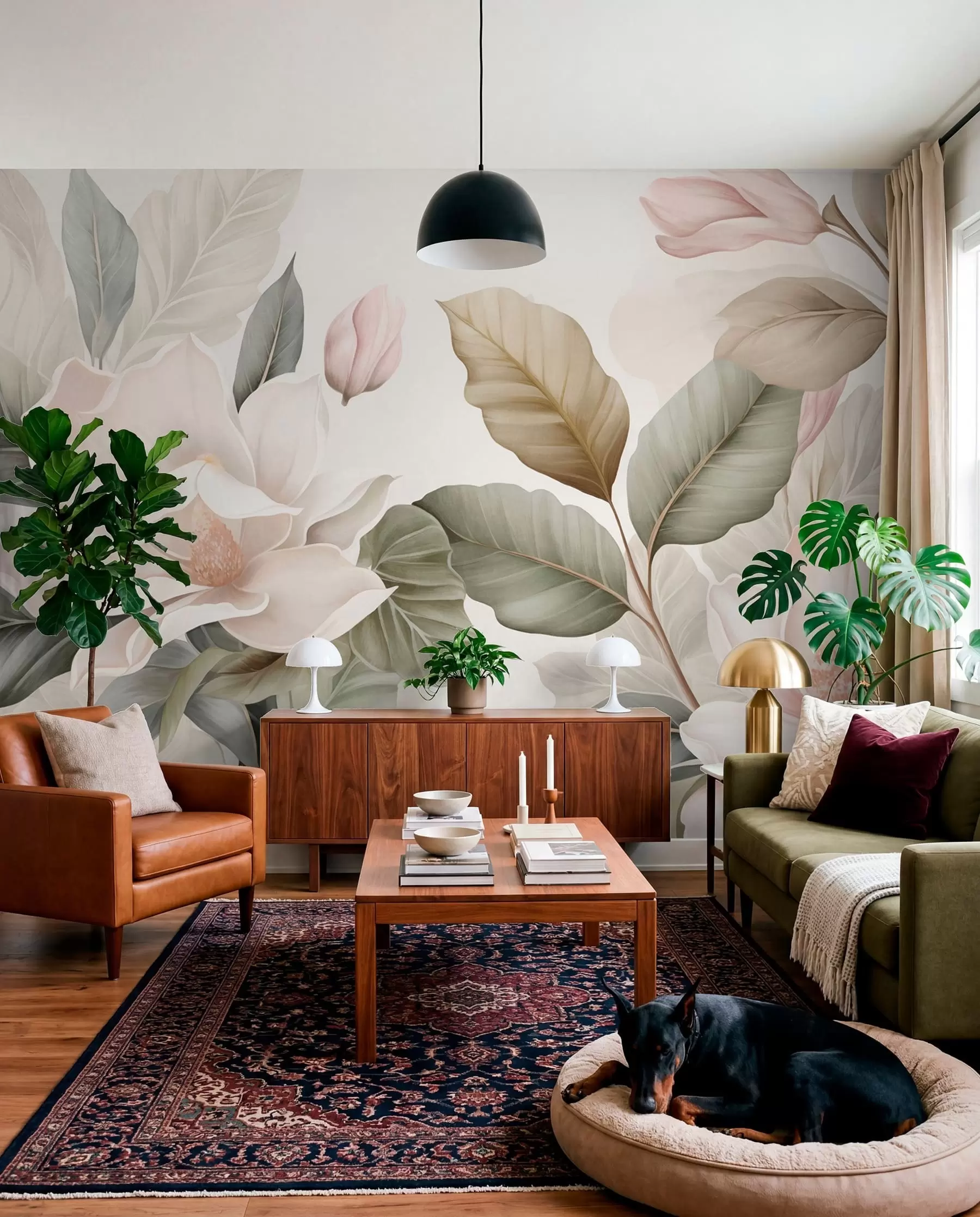 Fotobehang Magnoliabloemen met bladeren in pastelkleuren, wit, roze en groen, zacht, delicaat, aquarelstijl w09427