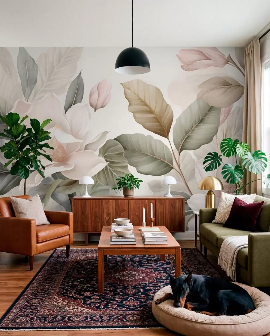 Fotobehang Magnoliabloemen met bladeren in pastelkleuren, wit, roze en groen, zacht, delicaat, aquarelstijl w09427