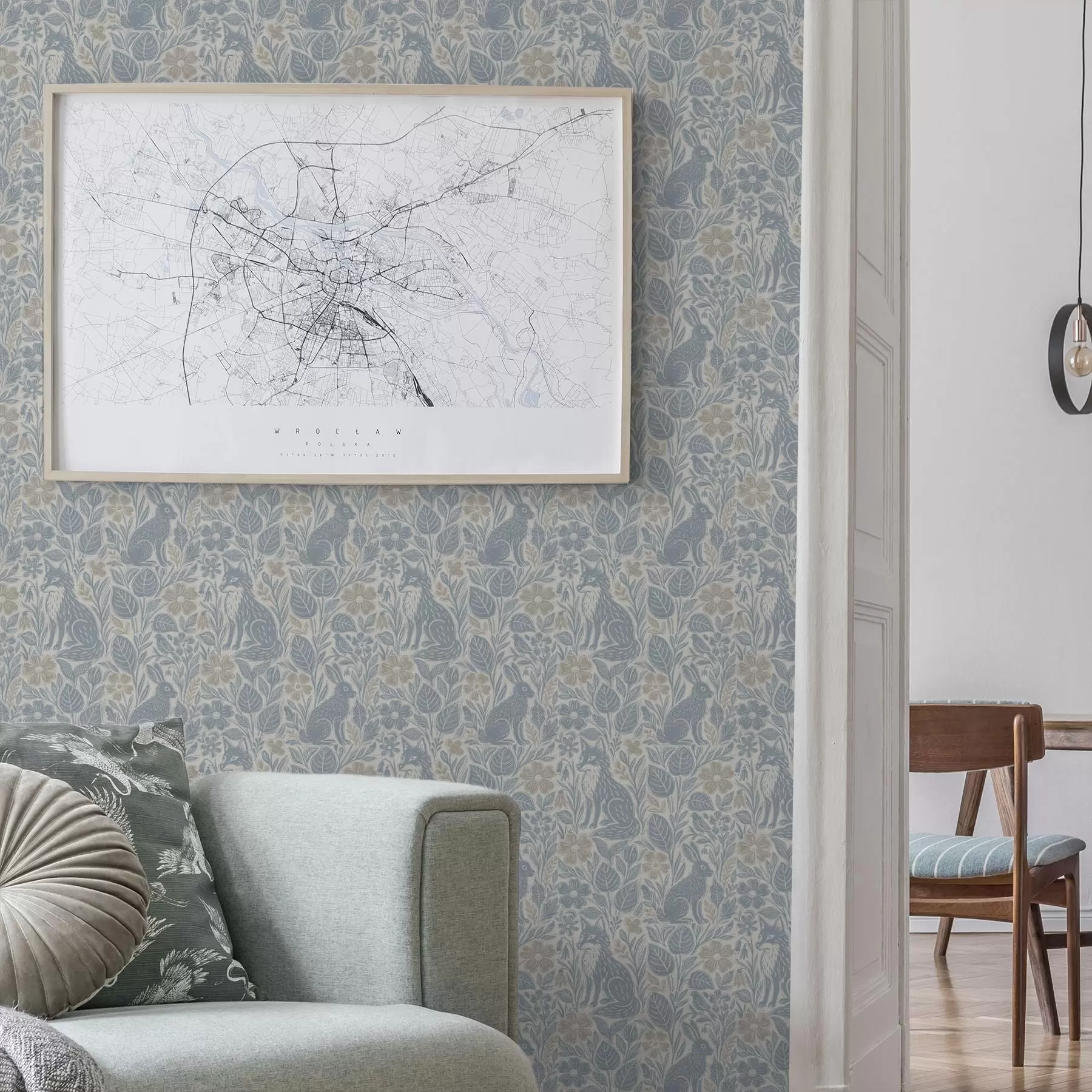 Fotobehang Bosdieren en bloemen: vos en haas in blauwe tinten a00613