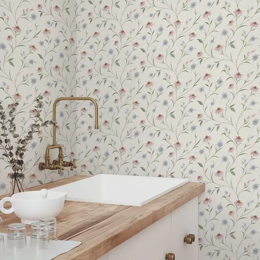 Fotobehang Veldmadeliefjes en echinacea op een crèmekleurige achtergrond, lichtheid a00614