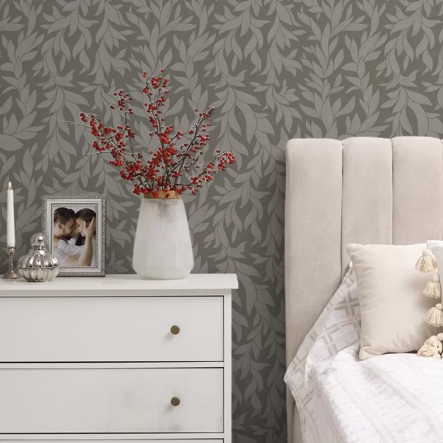 Fotobehang Olijfgroene achtergrond met lila bladeren, lineaire textuur a00616v1