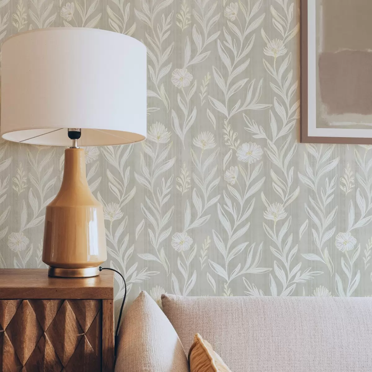 Papier peint Herbes légères et fleurs sur fond beige, lignes esquissées a00618