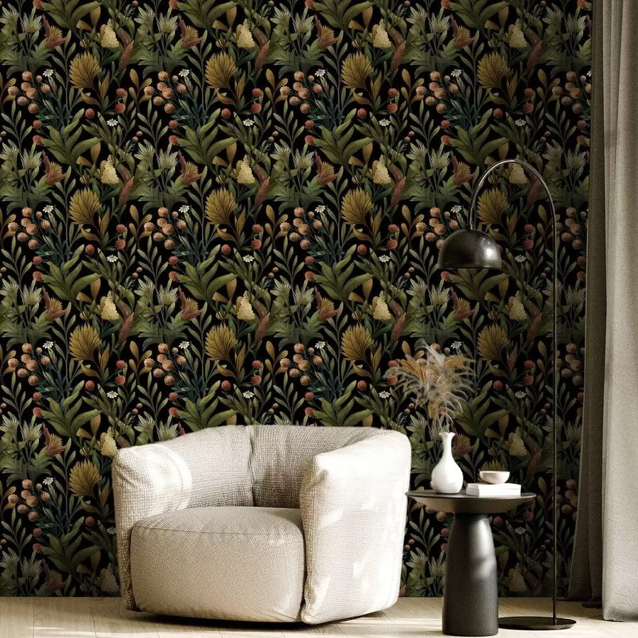 Fotobehang Botanische tuin op zwarte achtergrond, warm herfstpalet a00619