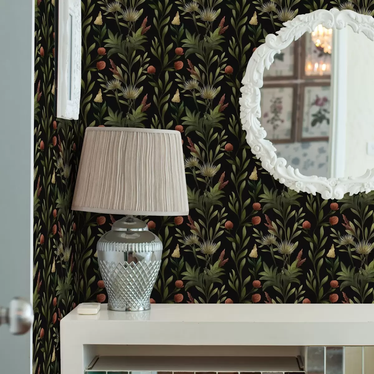 Behang Hoog gras en bloemen op zwarte, gedetailleerde print a00620