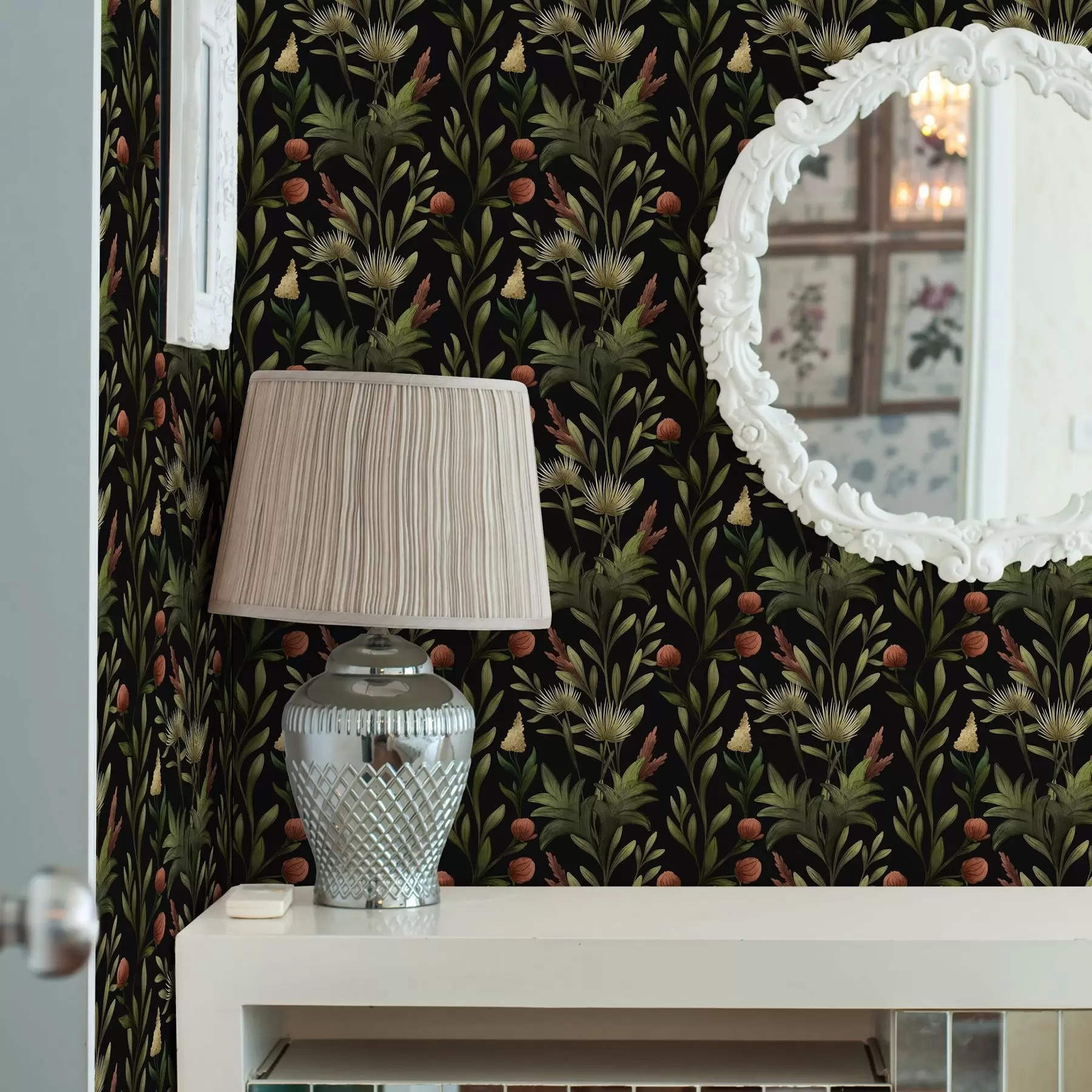 Papier peint photo Hautes herbes et fleurs sur fond noir, imprimé détaillé a00620