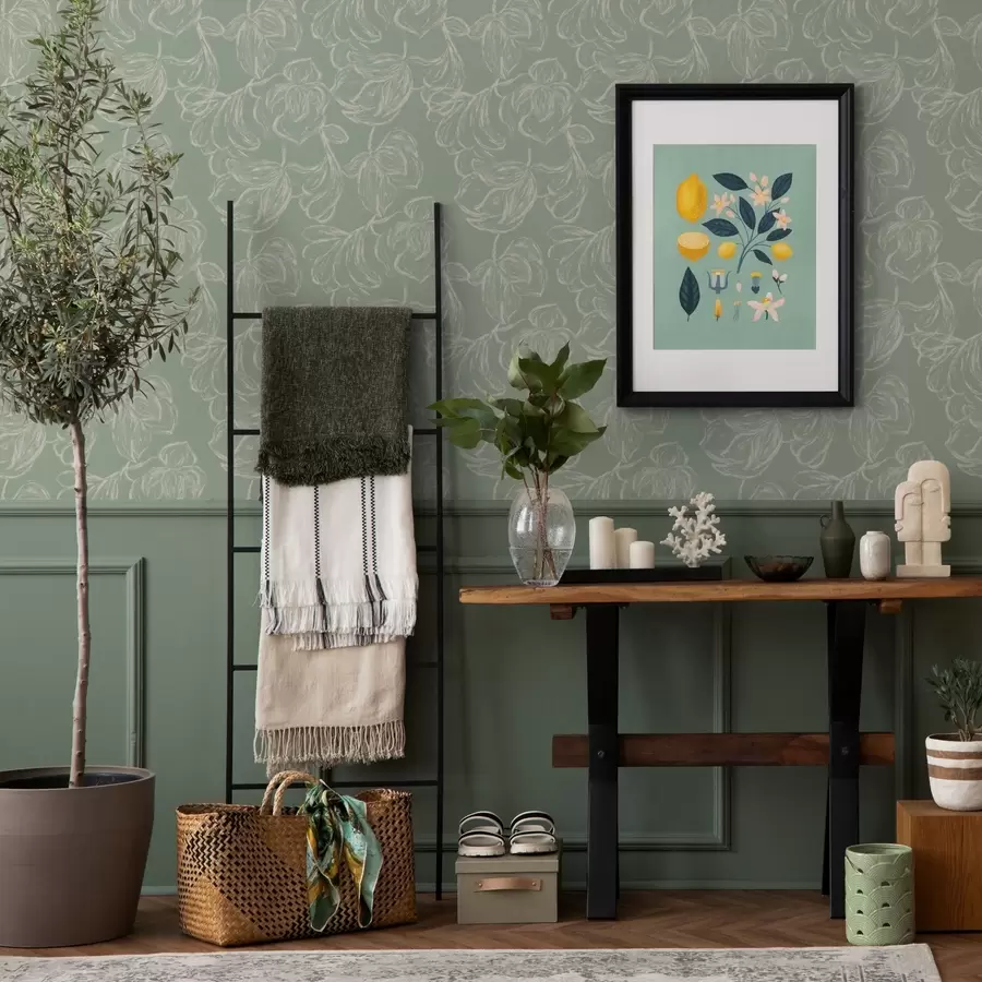 Papier peint photo Grandes fleurs linéaires, traits de craie sur fond sauge a00625v1