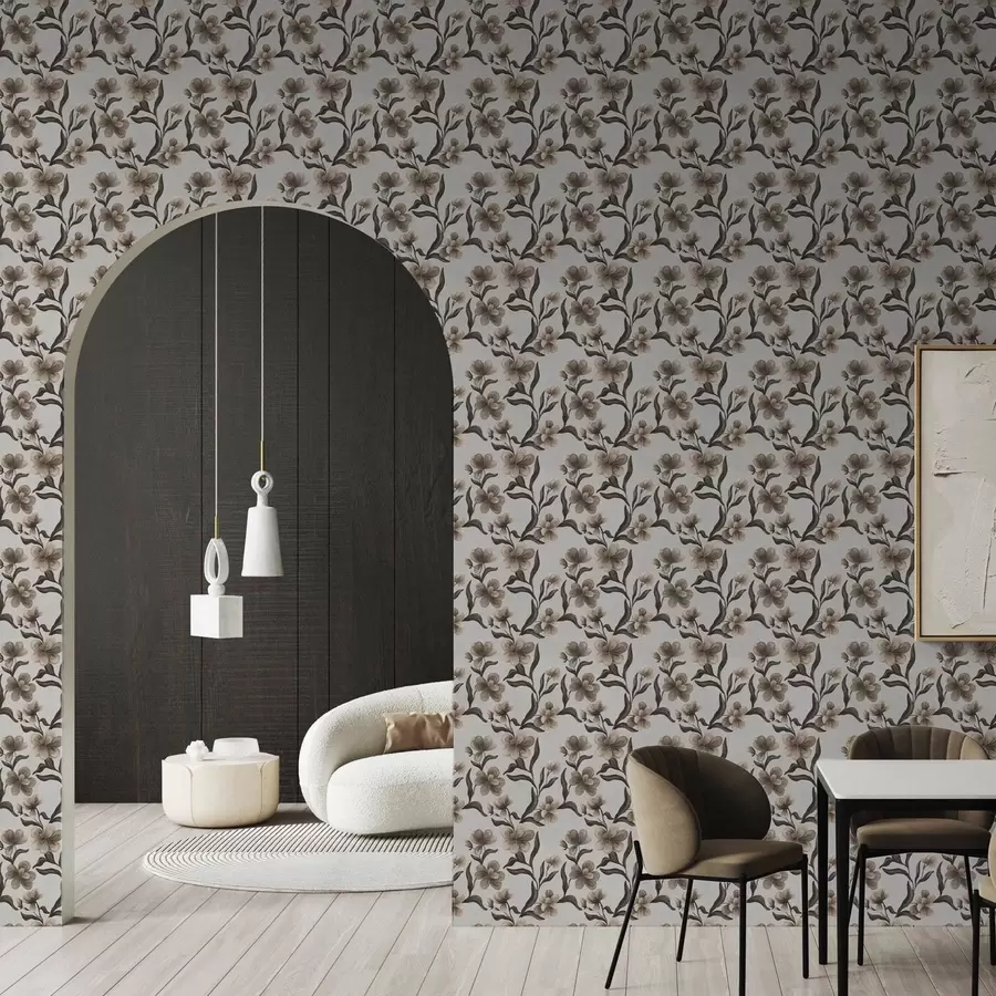 Fotobehang Beige bloemen en donkere takken op een lichtgrijze achtergrond a00626v1