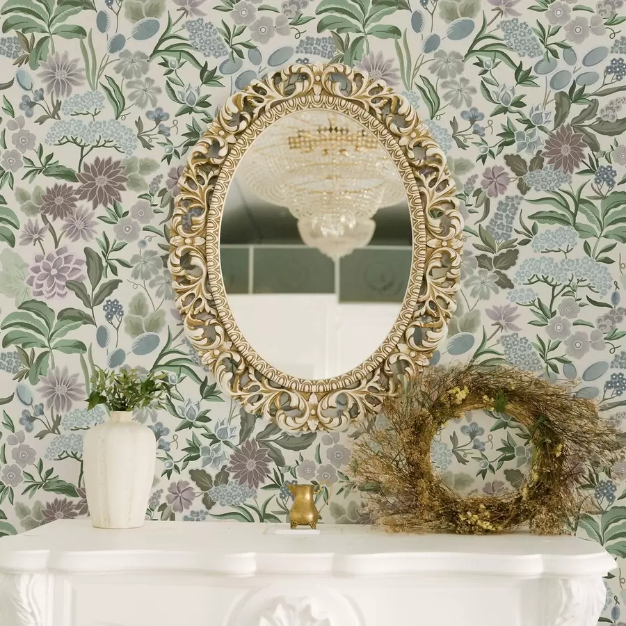 Fotobehang Pastelkleurige bloemen en bladeren in een mintblauw kleurenpalet a00642