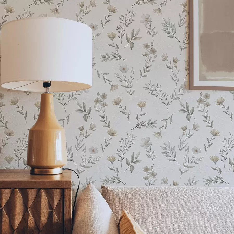 Fotobehang Kleine waterverf takjes en bloemen op een lichte achtergrond a00665