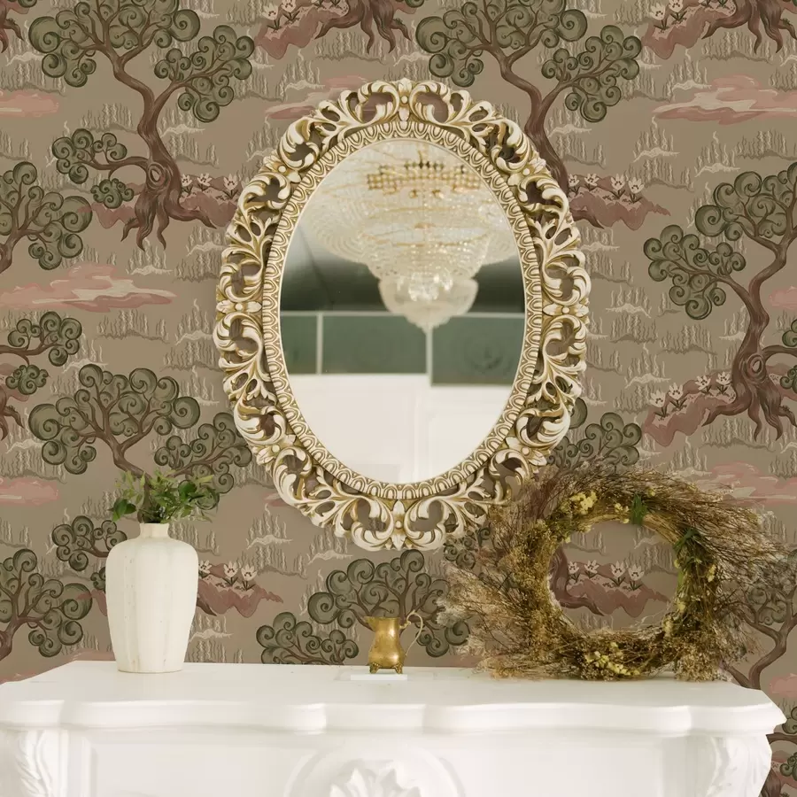 Fotobehang Oosters landschap met grillige bomen op een zanderige achtergrond a00715