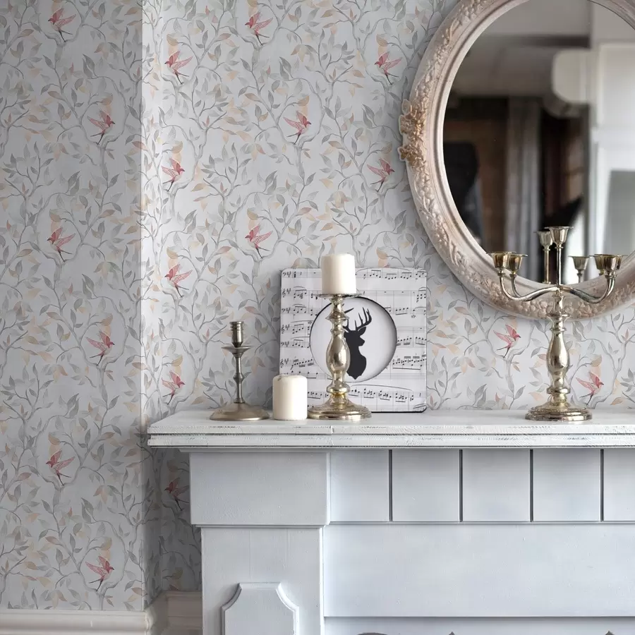 Fotobehang Lichte takken met bladeren en vogels in perzikkleurige tinten a00716