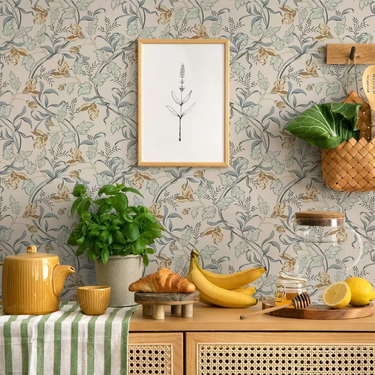 Papier peint Fleurs vintage avec feuillage bleu sur fond crème a00717