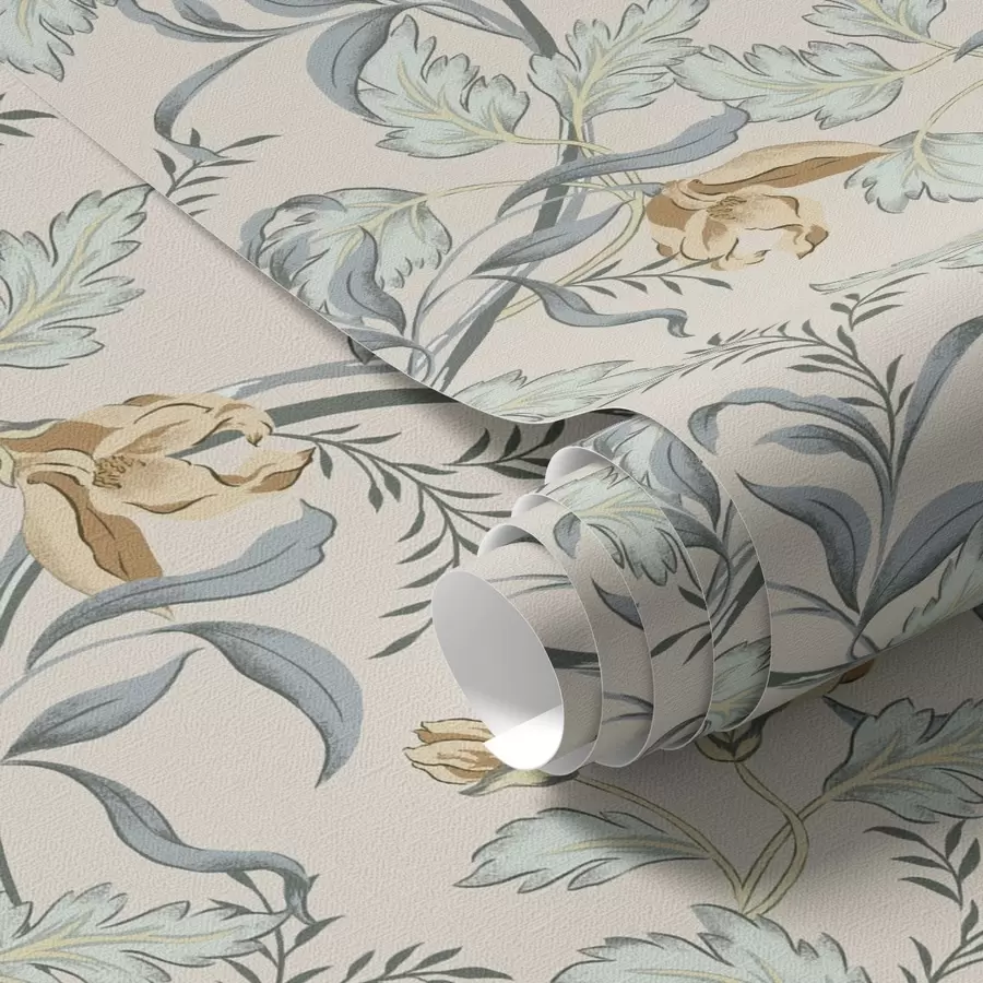 Fotobehang Vintage bloemen met blauw blad op een crèmekleurige achtergrond a00717