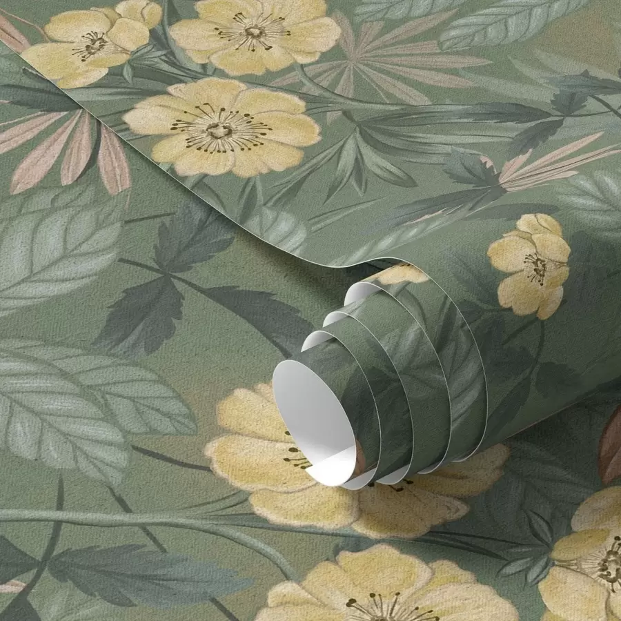 Papier peint photo Fleurs jaunes au milieu d'une texture feuillue verte a00718