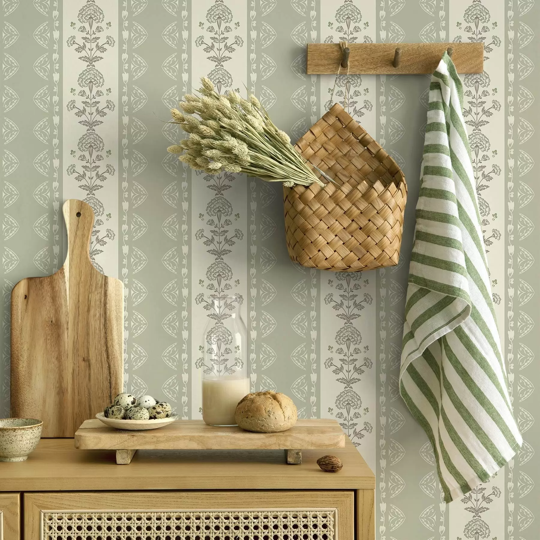 Papier peint photo Ornement rayé avec colonnes florales dans les tons sauge a00719