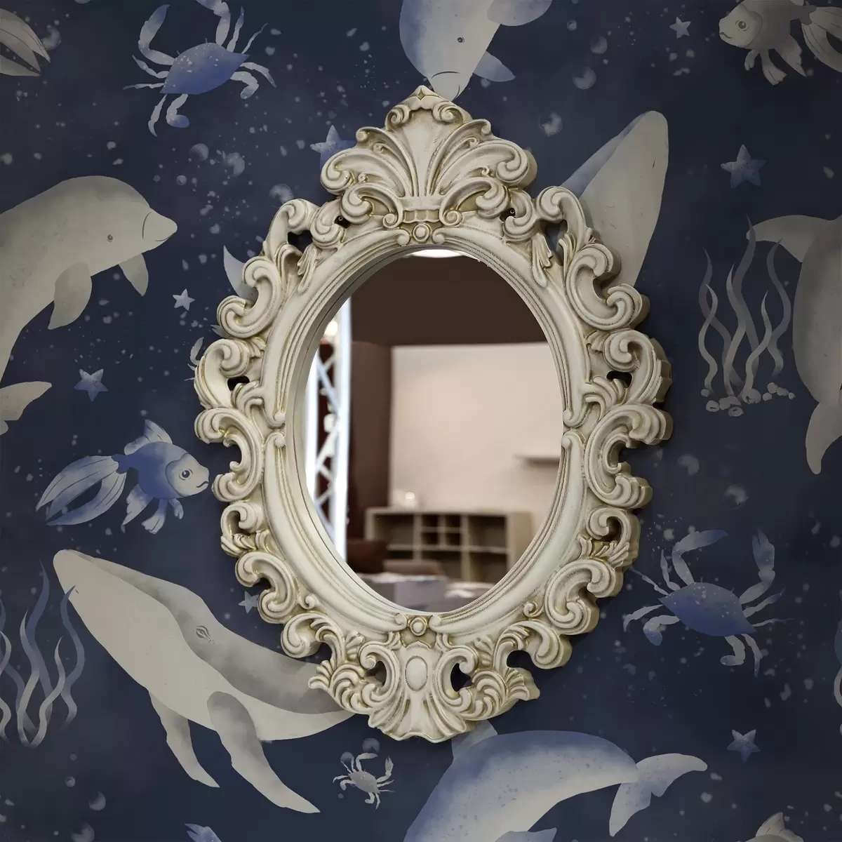 Behang Zeewalvissen, dolfijnen en krabben op een donkerblauwe achtergrond a00720